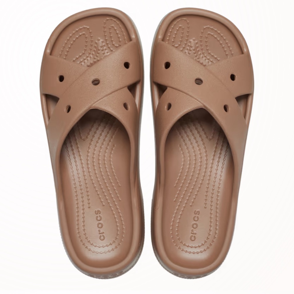 CROCS Brown Cross Strap Slides NWOT - Picture 2 of 7